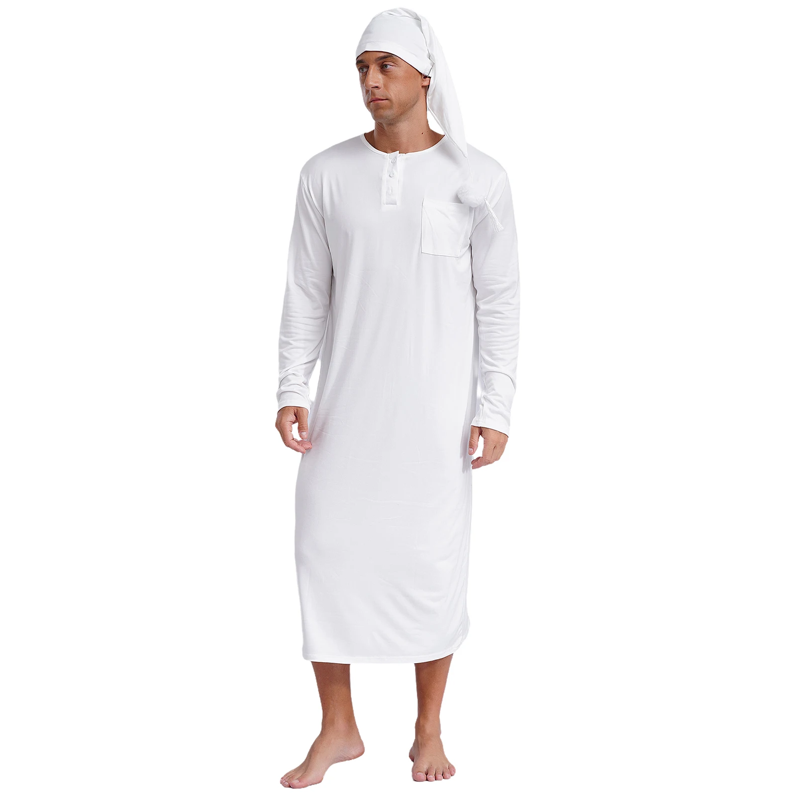 Mens Solid Color Sleep Robe with Hat Round Neck Loose Sleep Wear Sissy Nightwear Long Sleeve Long Robe Pointed Hat with Pom-pom