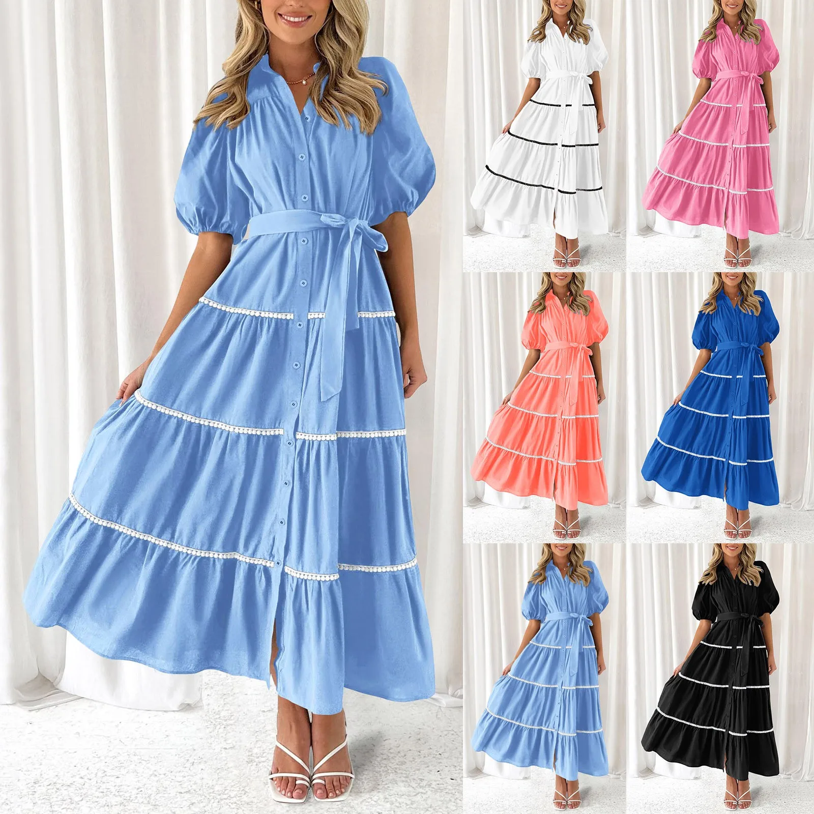 

Summer Elegant Lapel Lace-up Waist Long Dress Women Casual Puff Sleeve Pleated Shirt Dress Fashion Stripe Patchwork Button Dress