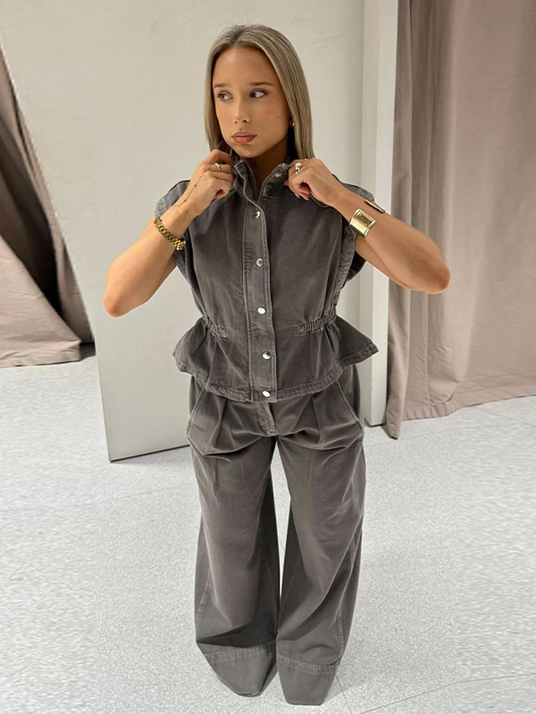Damen-Hosenanzüge Denim Rollkragen Ärmellose Taillenbetonte Weste Hochgeschnittene Weite Hose Schicke Damen-Outfits Neue Partykleidung – Detail 7