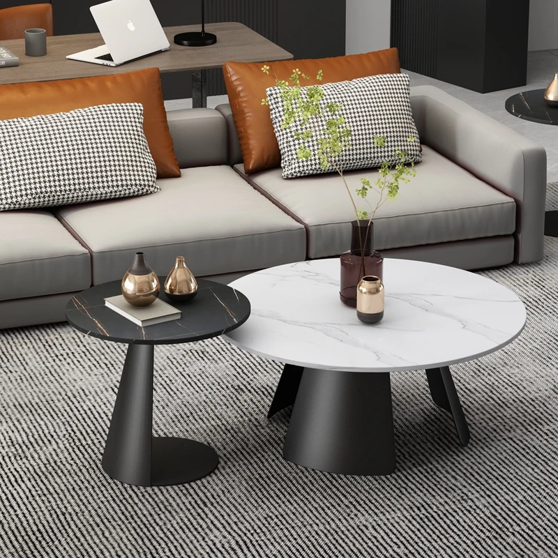 

Round rock slab coffee table side table child and mother set combination living room household small apartment wrought iron ligh