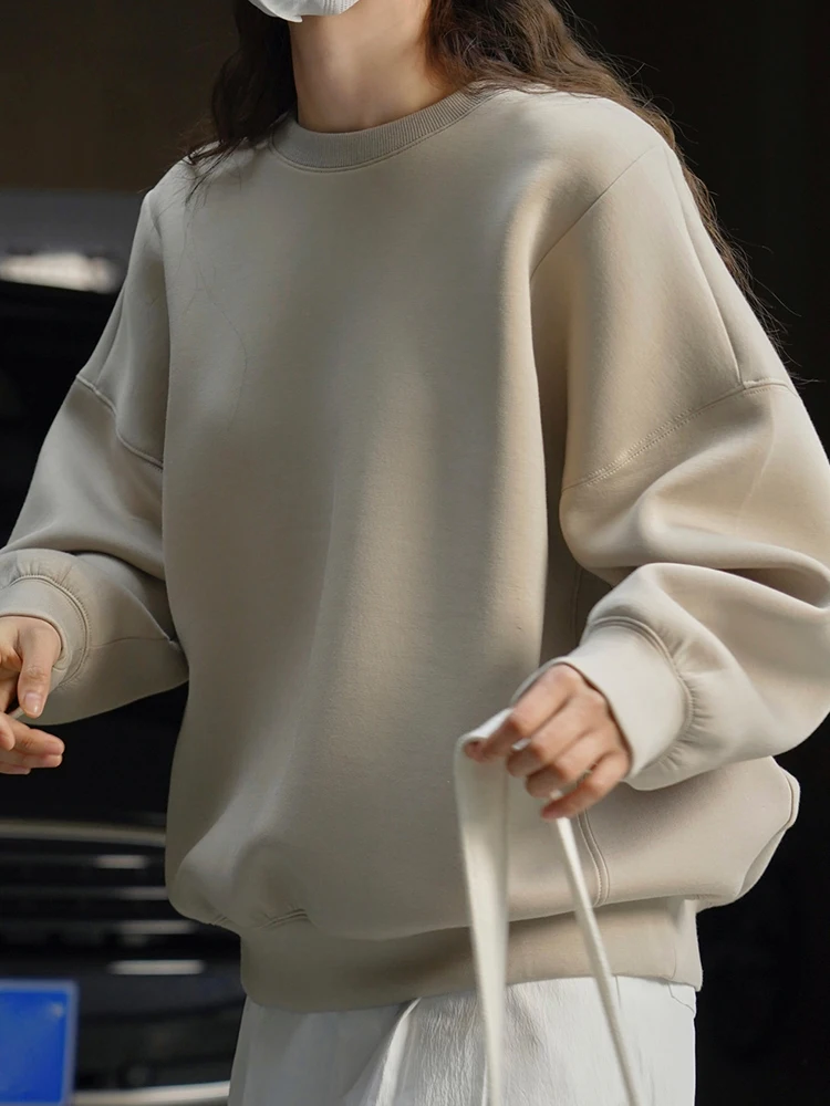 [EAM] White Apricot Casual Shaped  Sweatshirt New Round Neck Long Sleeve Women Big Size Fashion Tide Spring Autumn 2023 1DH4965