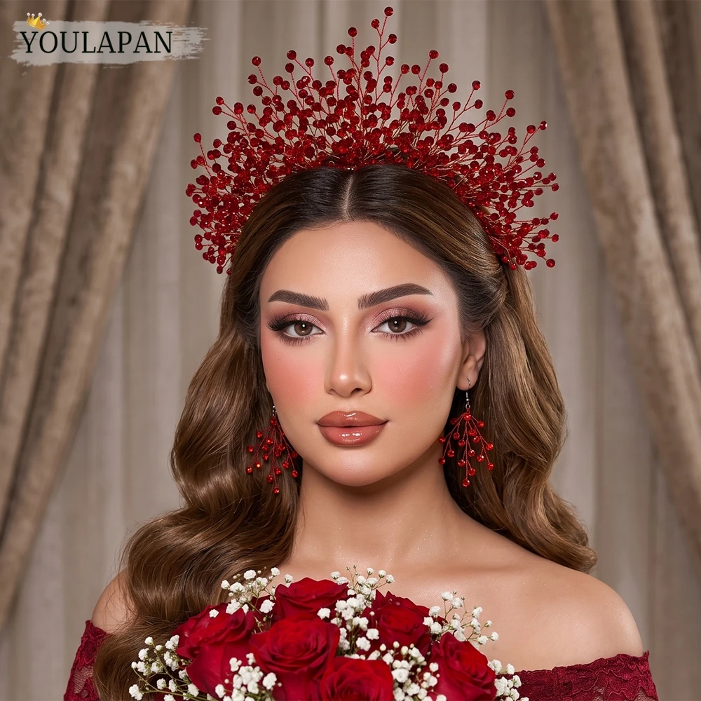 YouLaPan Luxury Red Color Rhinestone Bridal Crown Set Wedding Tiara Headpieces Party Banquet Headband Hair Accessories A234