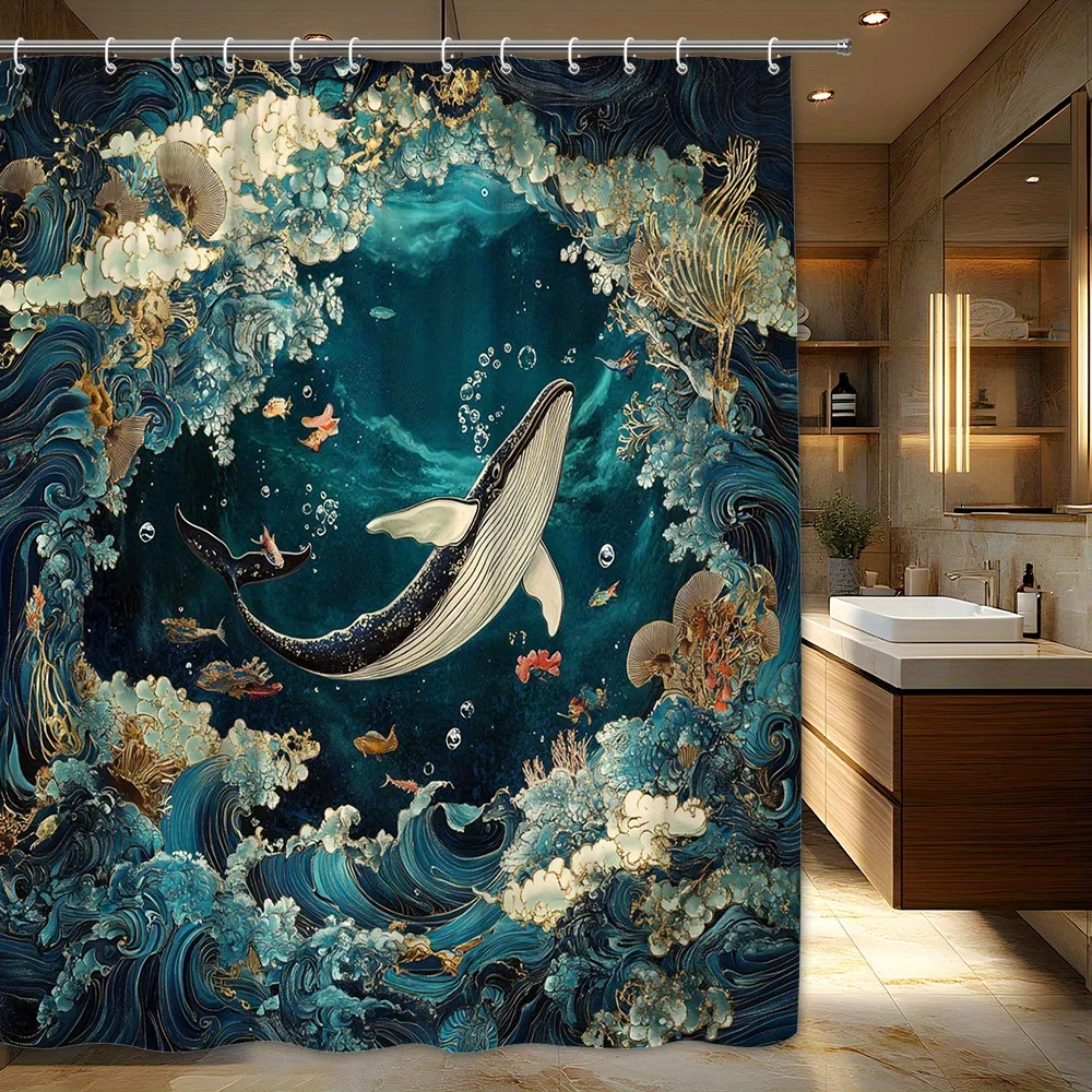 

1pc Majestic Humpback Whale Shower Curtain - Japanese Ukiyo-e Style Vibrant Ocean Life & Marine Patterns, Machine Washable