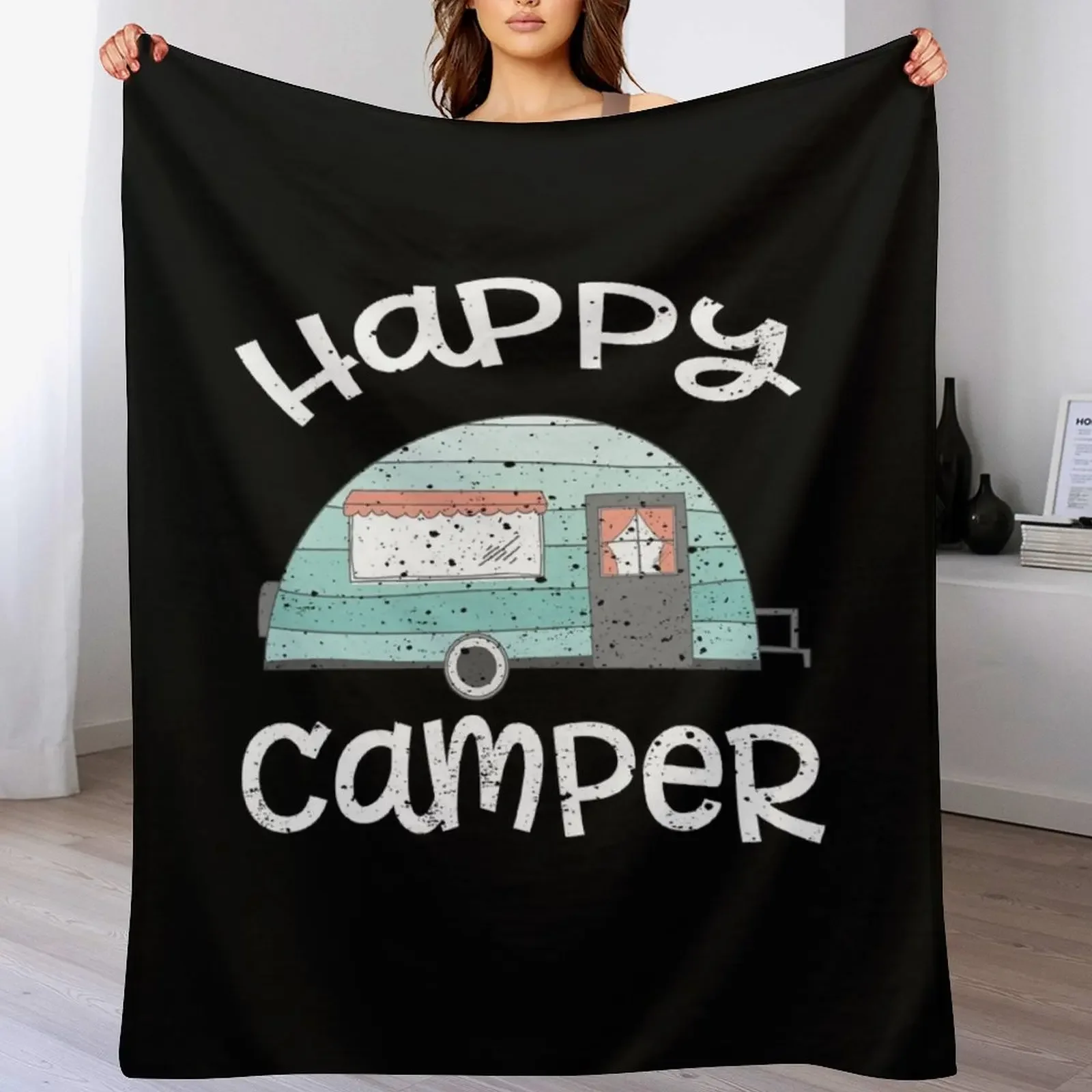 

Happy Camper Retro Trailer RV Caravan Camping Throw Blanket Soft Warm Blanket Gift for Men Women Adults