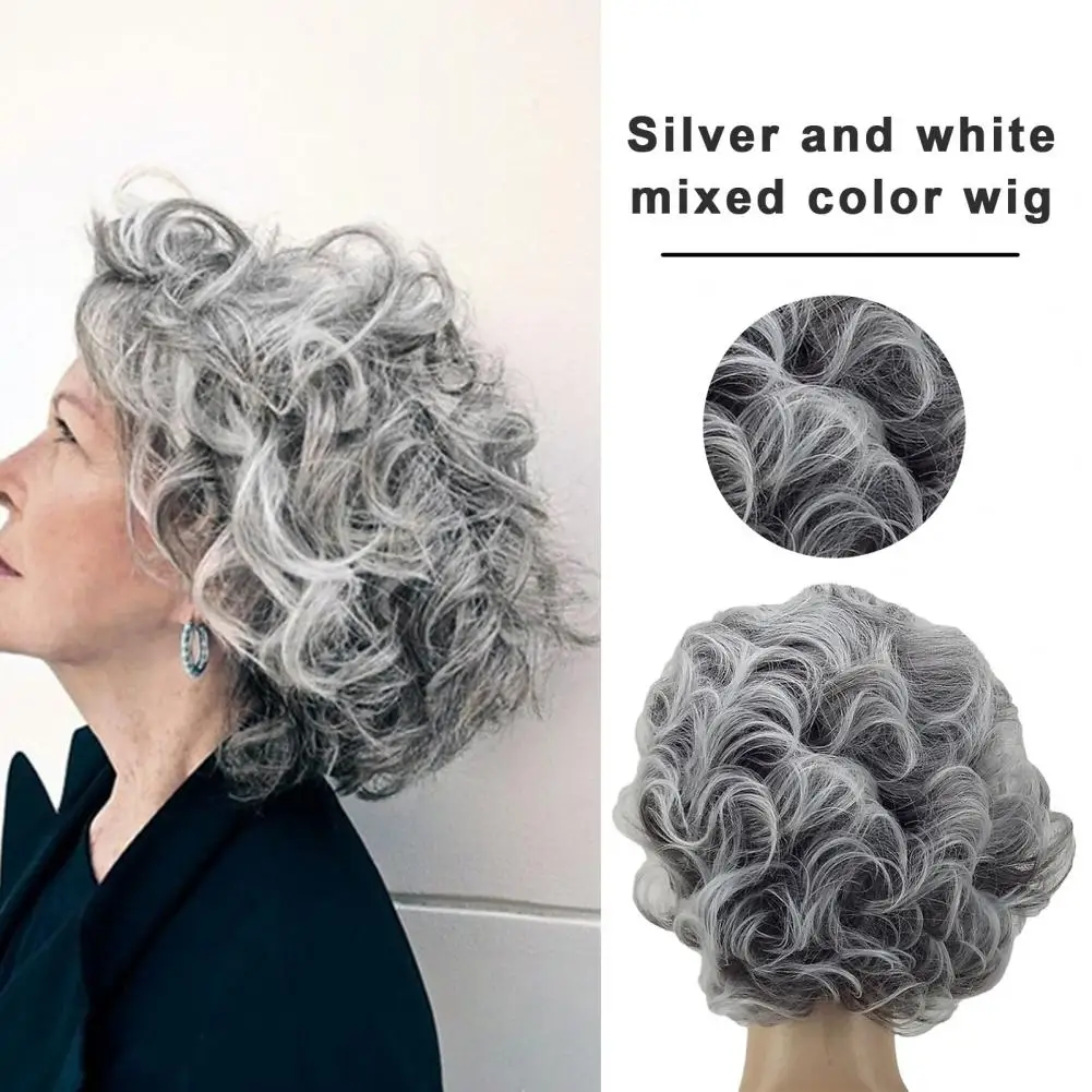 Women Wig Silver Gray White Short Wavy Curly Wigs With Bangs Natural Middle-aged Style Synthetic Wigs For Daily Cosplay Party