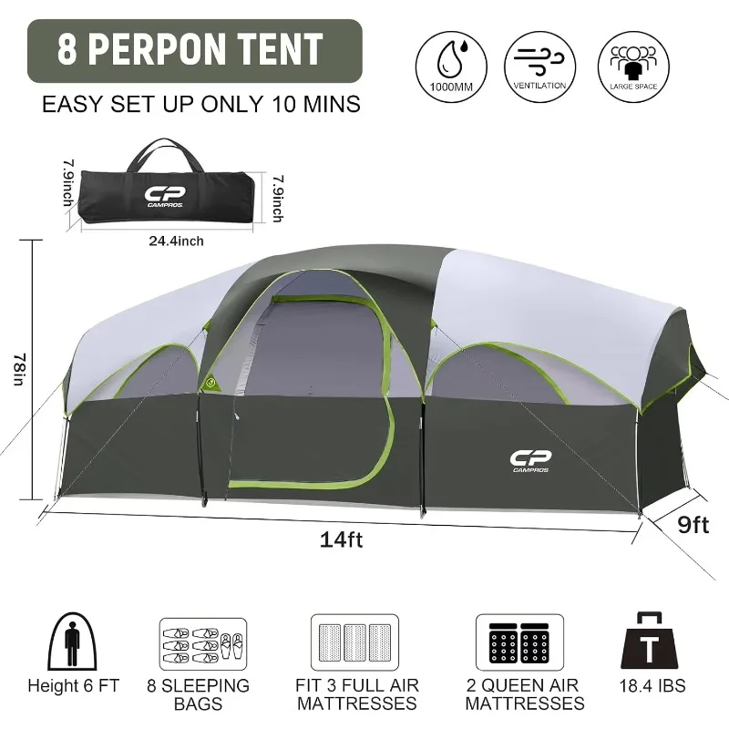 ^8 Person Camping Tent, Room Divider, Rainfly, Weather Resistant | Family tent with 5 large mesh windows, double-layer design