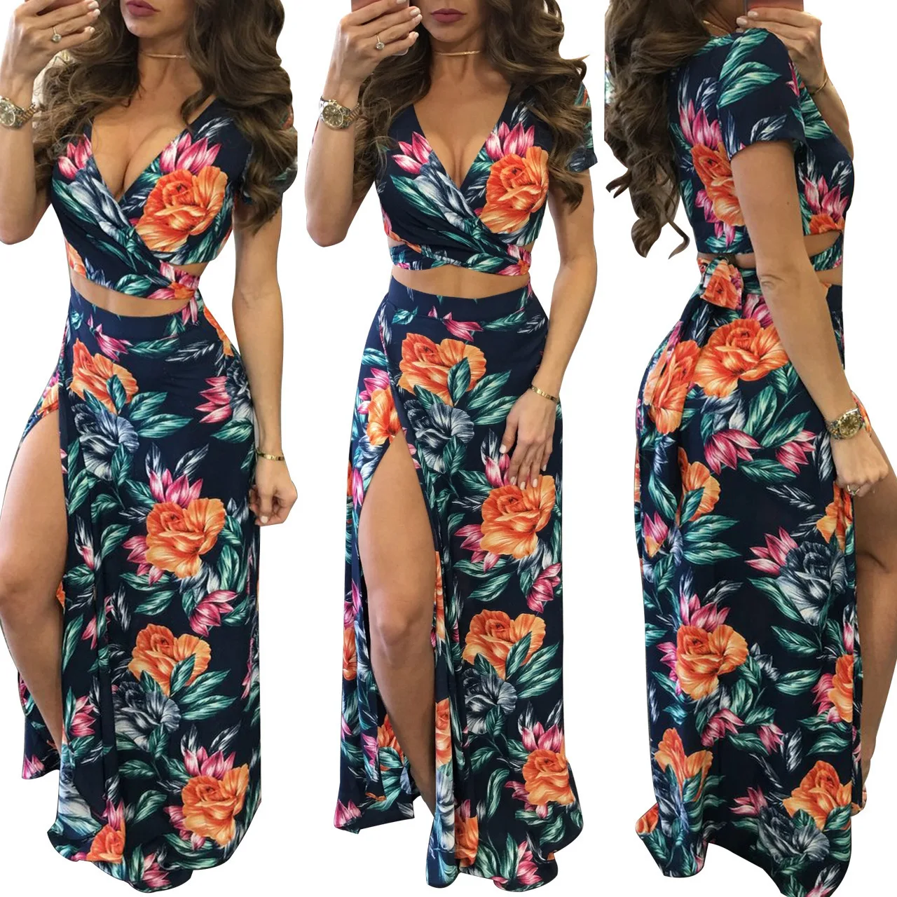 Frauen Sommerkleid Sets Blumen gedruckt zweiteiligen Rock Set sexy Crop Top und Rock 2 Stück Anzüge Bohemian Party Outfits neu