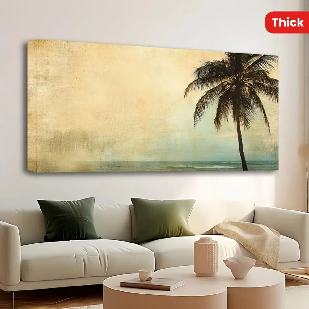 1.5 inch thick pine solid wood frame, golden ocean beach palm tree, sunset landscape coconut tree, landscape painting poster