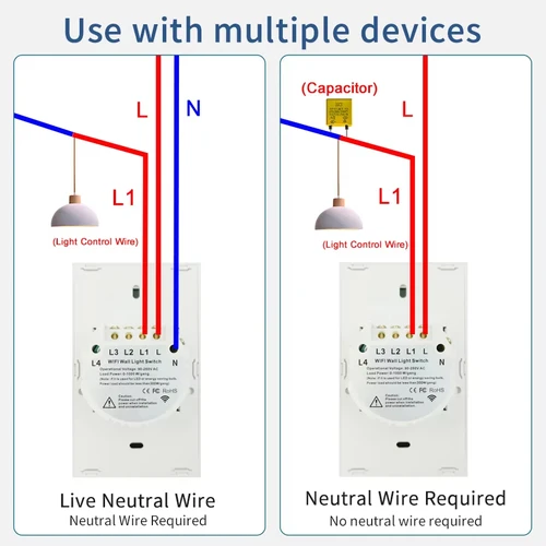 Imagen 2 del producto Tuya WiFi interruptor de luz inteligente interruptor de pared de Control táctil de vidrio estándar de EE. UU. 1/2/3/4 Gang No necesita neutro RF433 Alexa Google Home