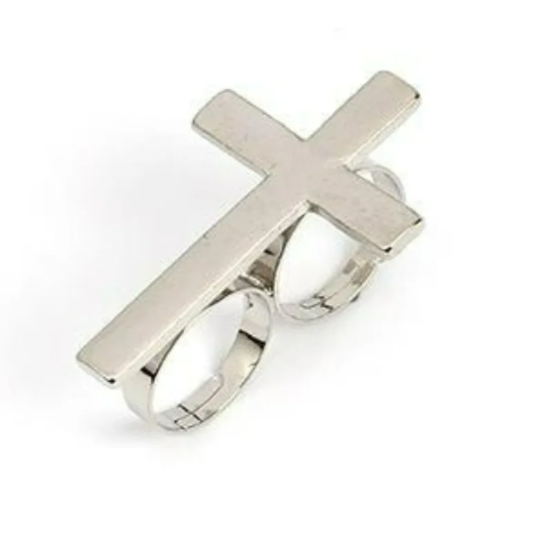 Punk Cross Ring Two Finger Ring Engraving Name Silver Stainless Steel Ring Men Knuckle Jewelry Personalized Gift for Boyfriend - view 6