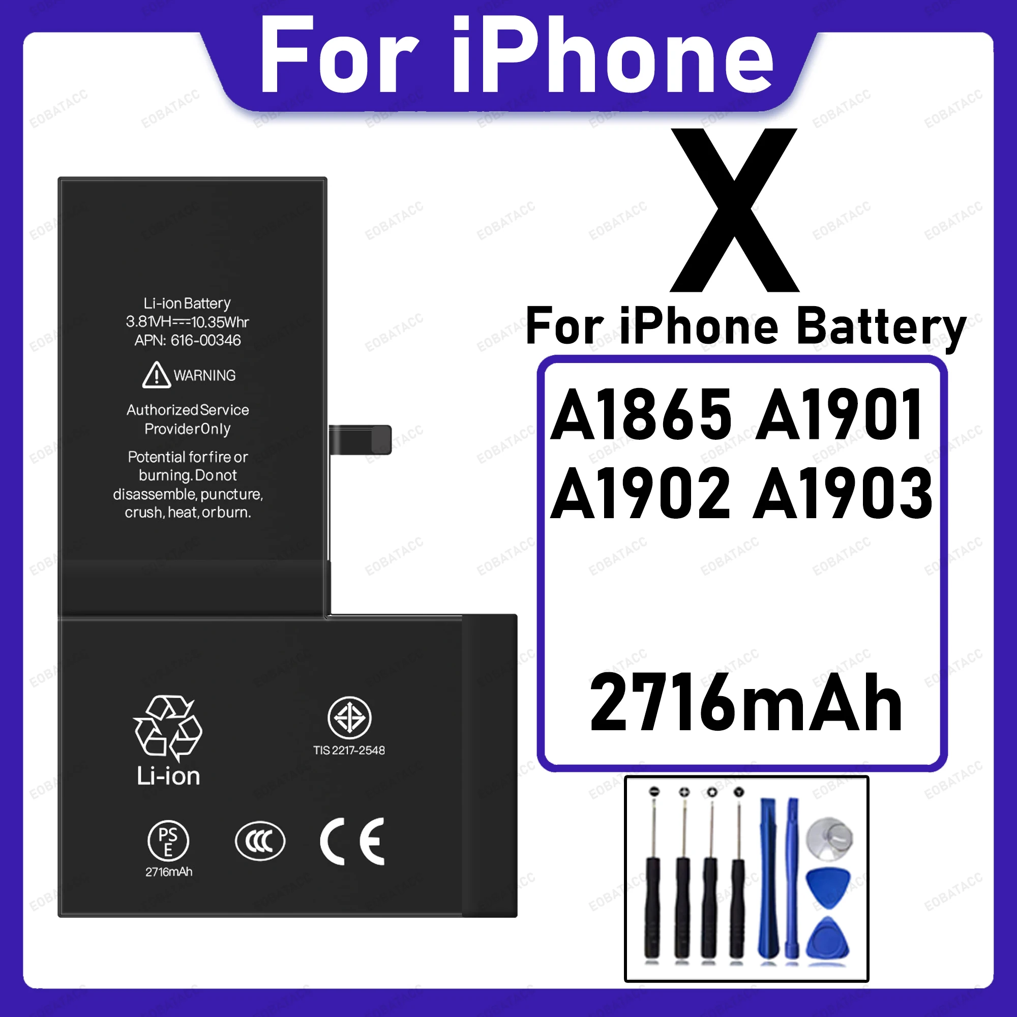 High Capacity Replacement Battery For iPhone X 2716mAh A1865 A1901 A1902 A1903 Safe Stable Long Standby Phone Battery+Free Tools