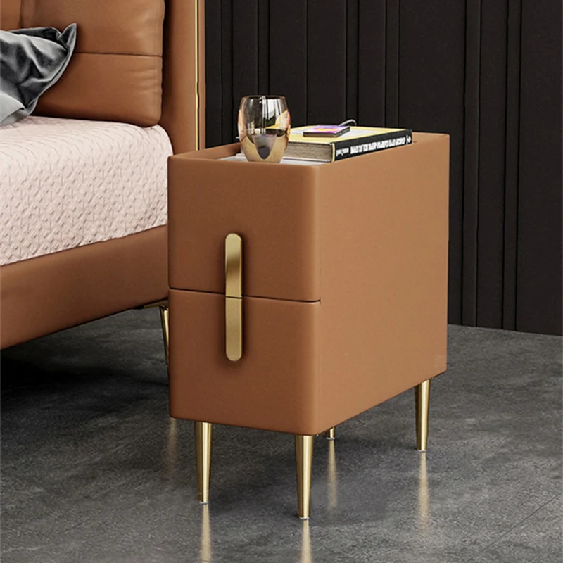 Nordic Style Bedroom Bedside Table Modern Mini Narrow Rock Surface Nightstand Self-Contained 2 Drawers Wooden Bedroom Tables