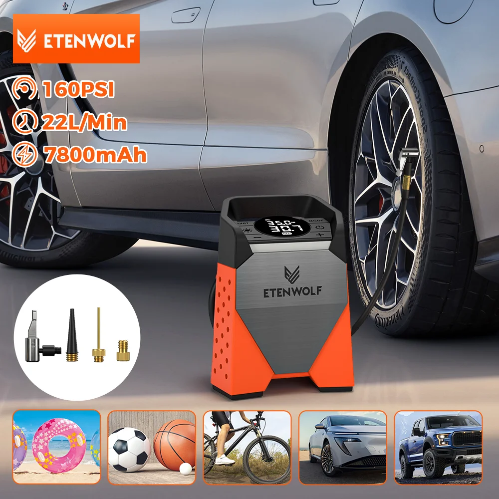 【セール中】ETENWOLF ZEPHYR S3C ポータブルエアコンプレッサー 100% デューティサイクル車のタイヤインフレーター 7800mAh 車、オートバイ、自転車ボール用