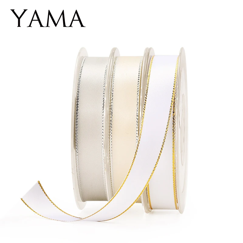 YAMA-Silver Edge Satin Ribbon, DIY Dress Accessory, Wedding Decoration Gifts, 0.25-1.5 Inch, 9, 16, 22, 25, 38mm, 100Yards per L