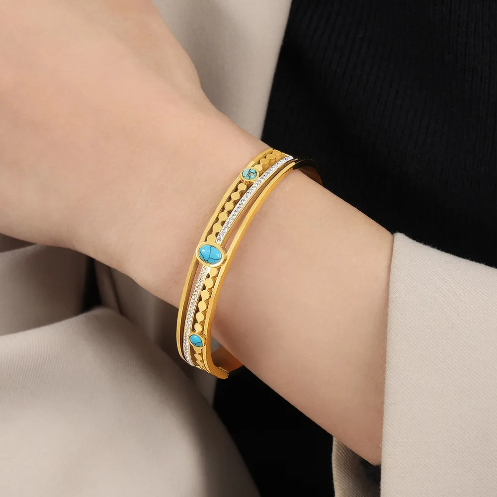 Inlaid Turquoise Stainless Steel Bracelet For Women Gold-Plated  Hollow Women\'s Hand Bracelets Simple Elegant Geometric Bangle