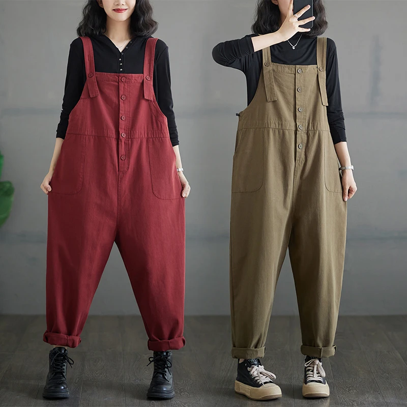 

Aricaca Women Red Wide Leg Dungarees Straps Pants Denim Overalls Casual Cotton Baggy Jeans Jumpsuits