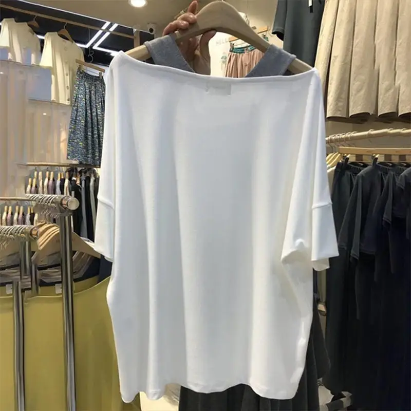 Korean Style Summer Oversize Women\'s Clothing Round Neck Off Shoulder Hollow Out Sling Fake Two Pieces Tops Women Loose T-shirt