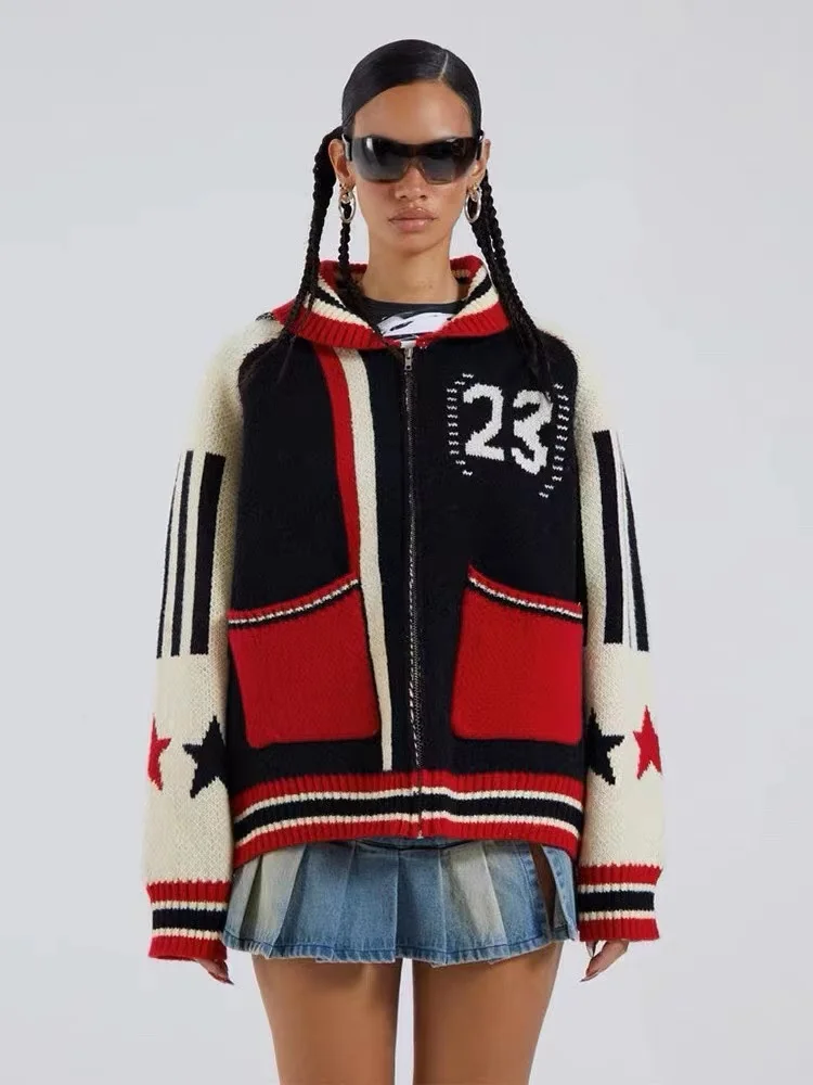 

Five pointed star jacquard American retro loose zipper street long sweater cardigan jacket for women