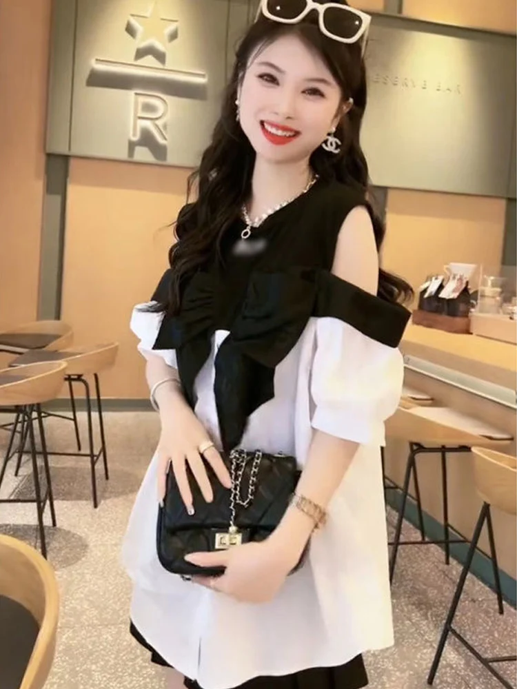 Ladies Fashion Single Row Multi-Buckle Shirts Female 2024 Summer Bow Stitching Design Off-the-Shoulder Half Sleeve Shirt