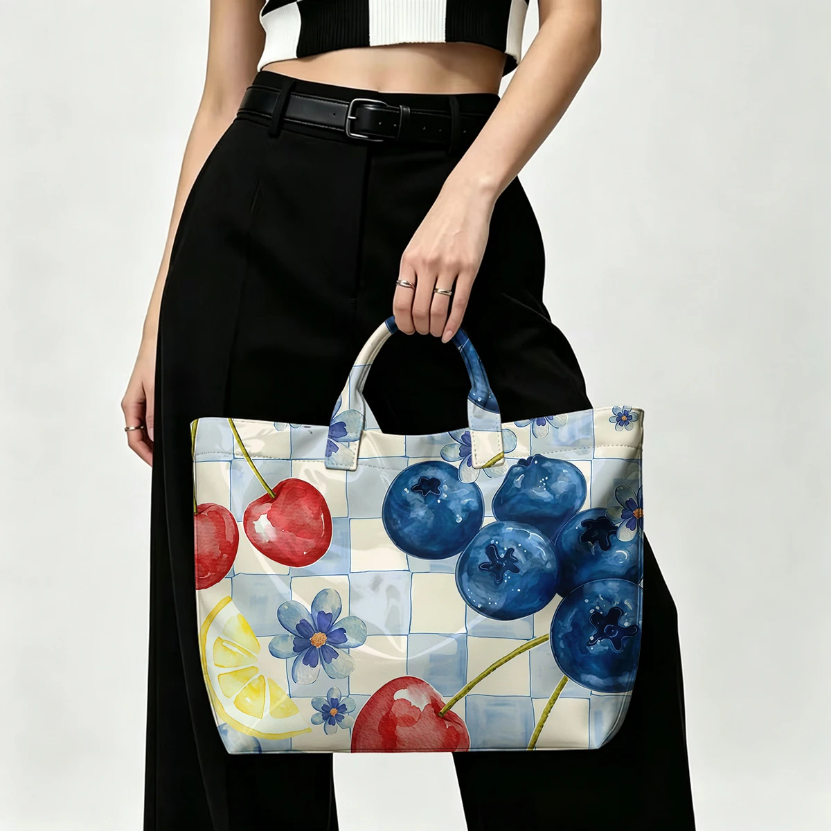 Cream square fruit Fashion Bag Transparent PVC Waterproof Handbag Large Capacity Daily Commute Shoulder Tote Mummy Bag