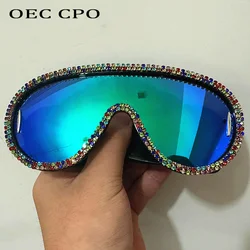 Diamond Luxury One Piece Sunglasses Women Goggle Oversized Square Sun Glasses Ladies Rhinestone Eyewear Fashion Mirror UV Shades