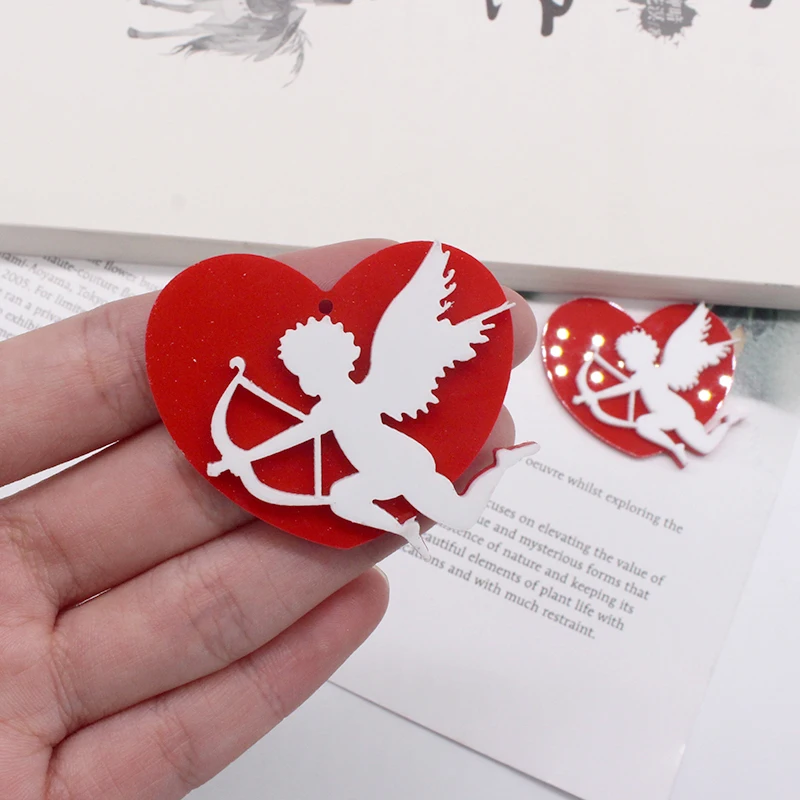 6pcs/pack Red Hearts Cupid Angel Acrylic Charms Love Couple Earring Keychian Pendant DIY For Jewelry Make