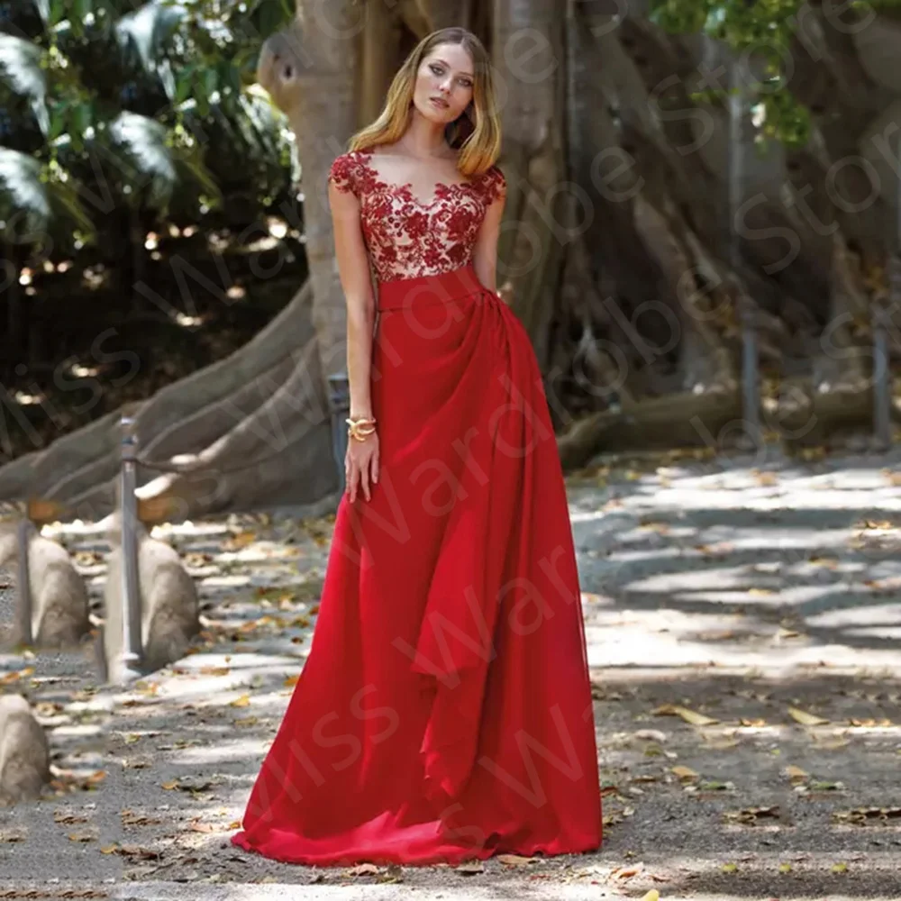 

Charming 2023 New Mother Dress Long Red of the Bride Gowns Lace Cap Sleeves Wedding Guest Sweep Train Appliqued