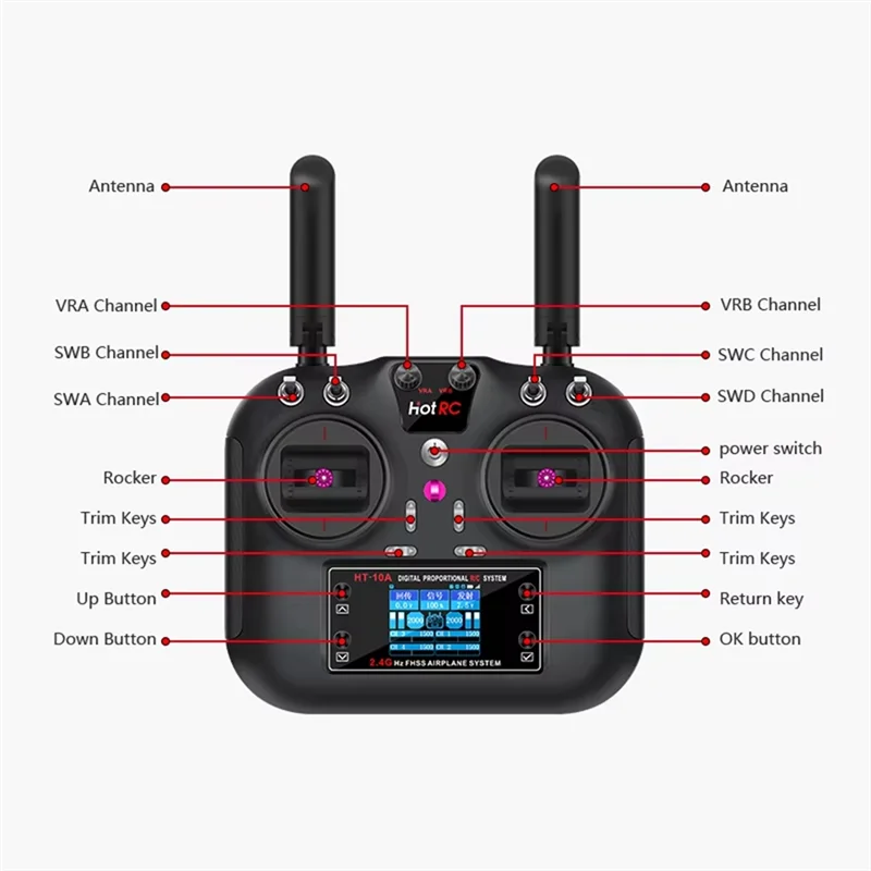 ABGN HOTRC HT-10A 2.4Ghz 10CH Remote Control Set With F10A Receiver For RC Aircraft, Vehicle, Boat, Drone Accessories And Parts