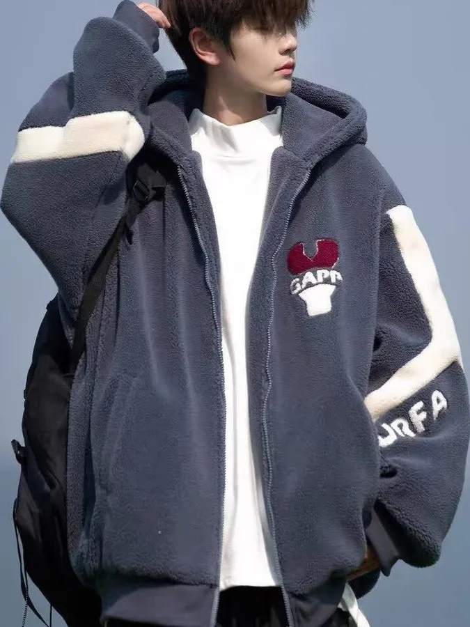 

Lamb Fur Jaet Men's Winter Thiened Warm Cotton Coat Trendy Student Loose Hooded Couple Cotton Clothes Youth Sle