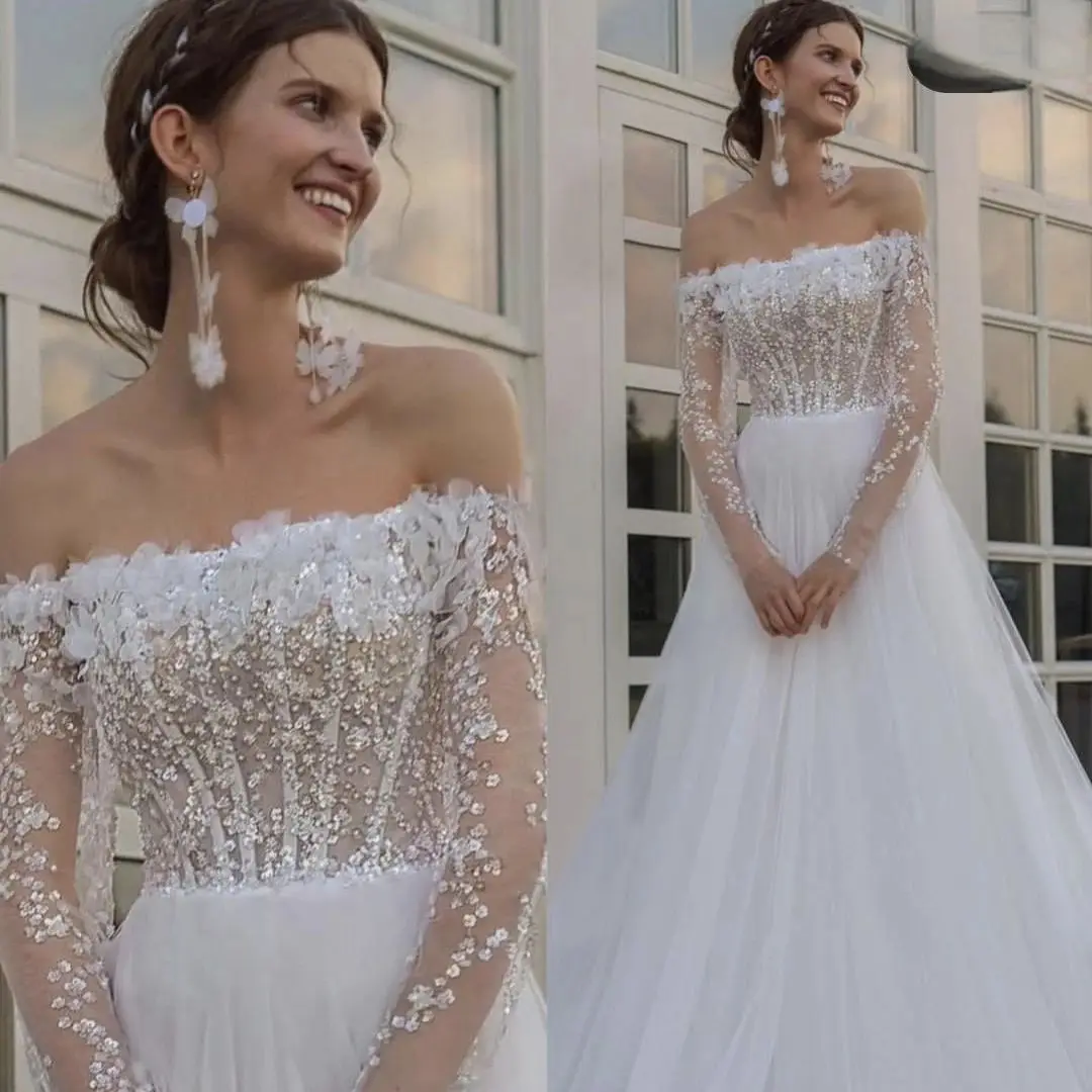 반짝이는 오프 숄더 긴 소매 웨딩 드레스 A 라인 Tulle Bridal 가운 맞춤형 측정 여성용 Robe De Mariee