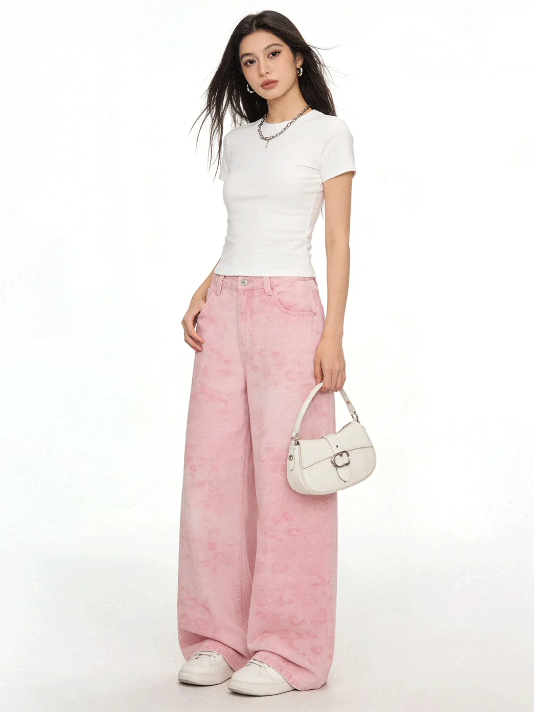 

Pink Dyed Wide Leg Jeans Women's Casual Loose Fit High Waist Slimming Korean Sle Spring Season Denim Pants by Li Xing Meng