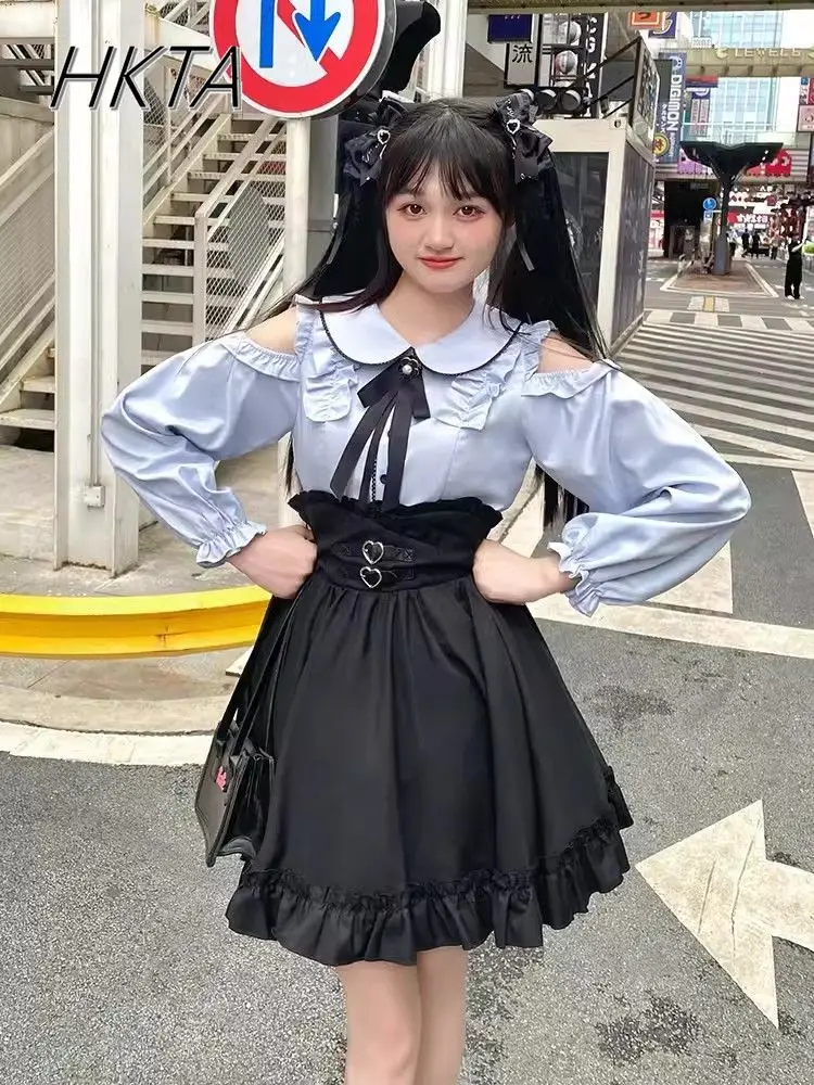 Mijn Japanse Lange mouwen Rok Set Meisje Lolita Off-shoulder Blouse Hoge Taille Nauwsluitende Zwarte Ruche korte Rok Pak