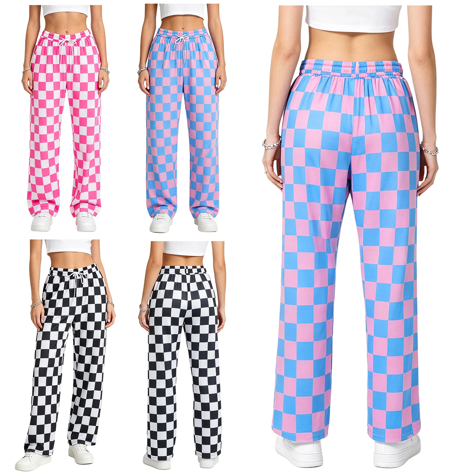 Women Checkerboard Wide Leg Pants Drawstring Waistband Side Pockets Plaid Trousers Casual Loose Bottoms for Daily Streetwear