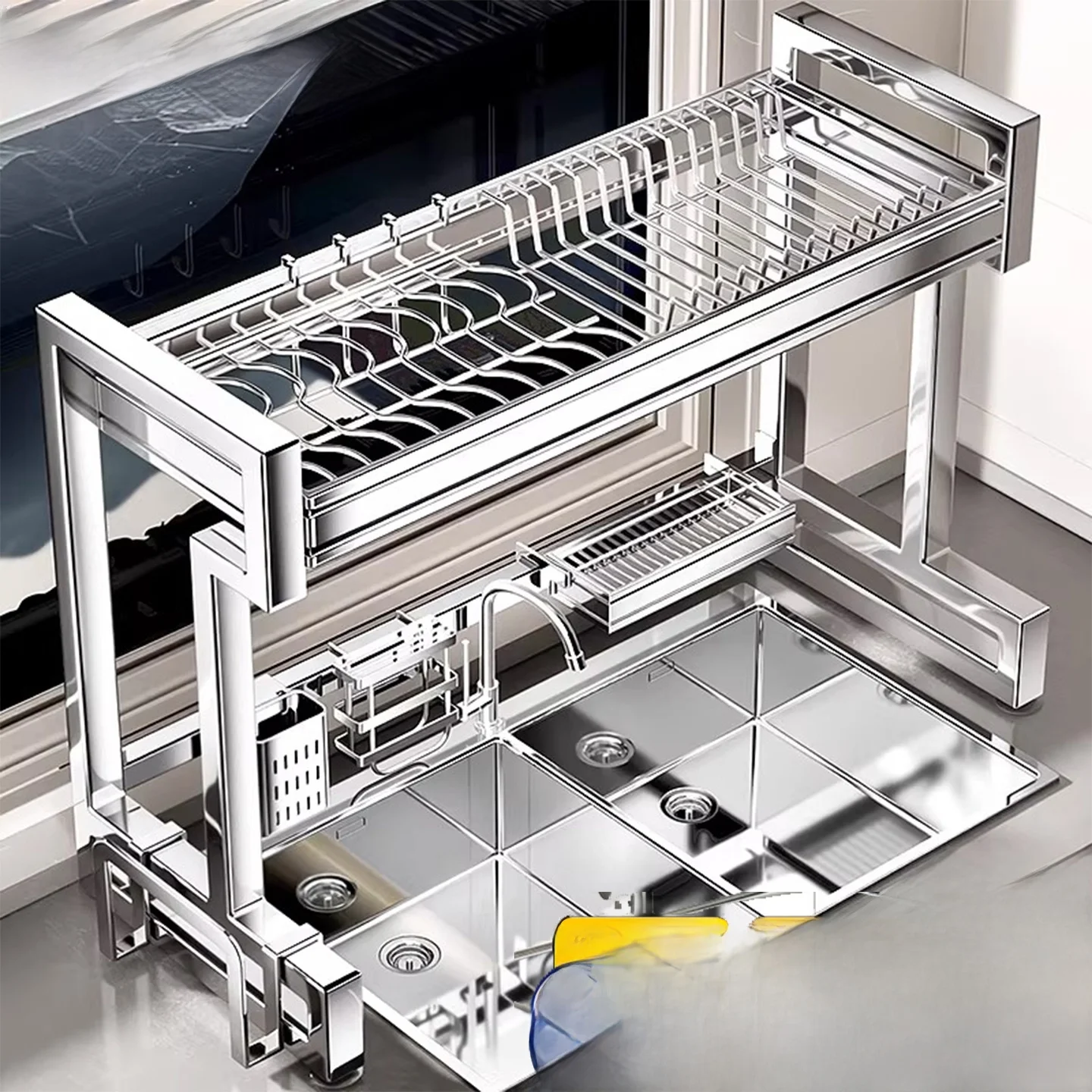 kitchen-sink-storage-rack-multi-function-bowl-dish-draining-shelf-304-stainless-steel-dishwasher-safe-countertop-organizer