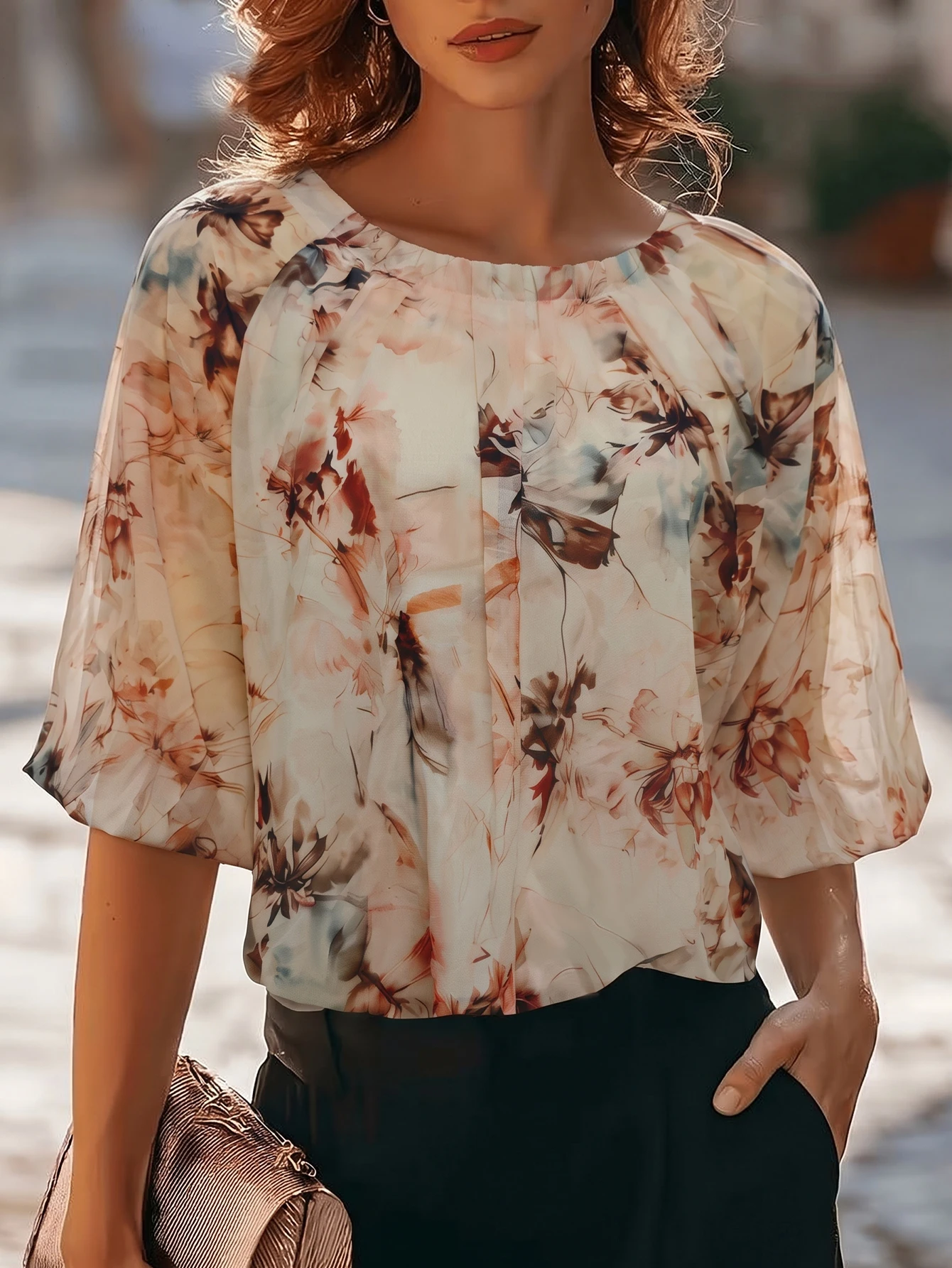 This Chiffon Top Features a Lightweight, Breathable Three-Quarter Sleeve Design That Is Slim-Fitting and Flattering, with a Mist-Like Printed Pattern That Exudes an Ethereal Charm. It's Perfect for Both Spring and Summer Commuting or Date Nights, Easily Conveying a Gentle and Elegant Vibe, Making It the Perfect Choice for Everyday Wear