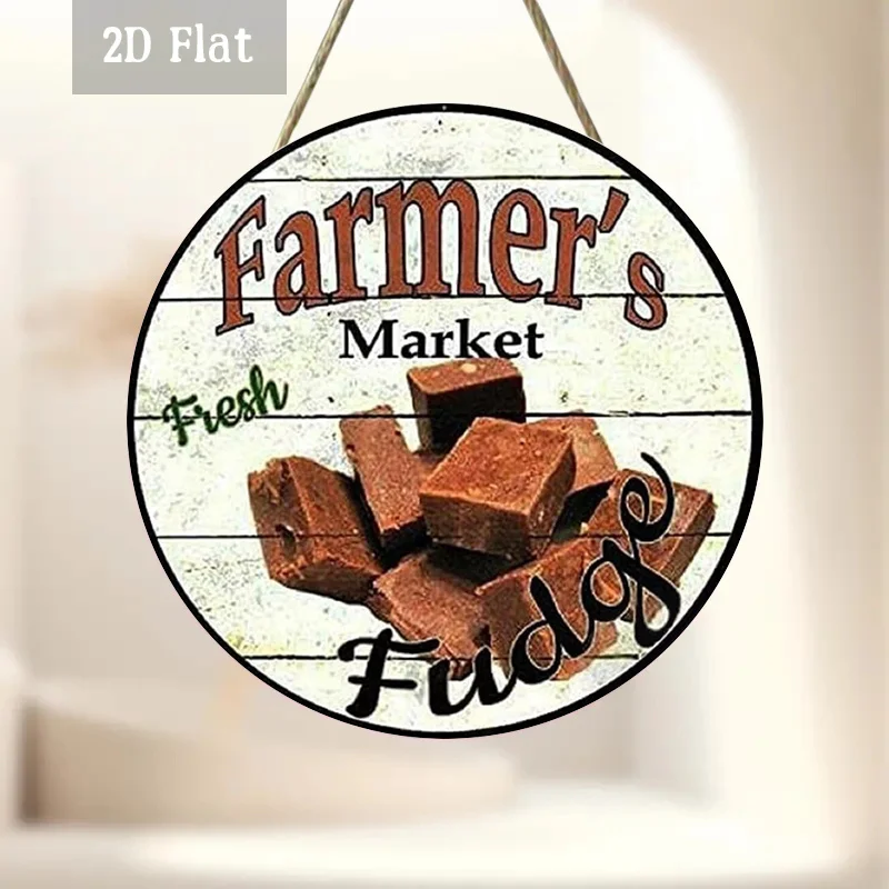 2D Flat, 1pc Rustic Farmhouse Wall Art - Circular Fudge & Farmers Market Round Sign, Brown Chocolatey Squares Decor for Home, Ca