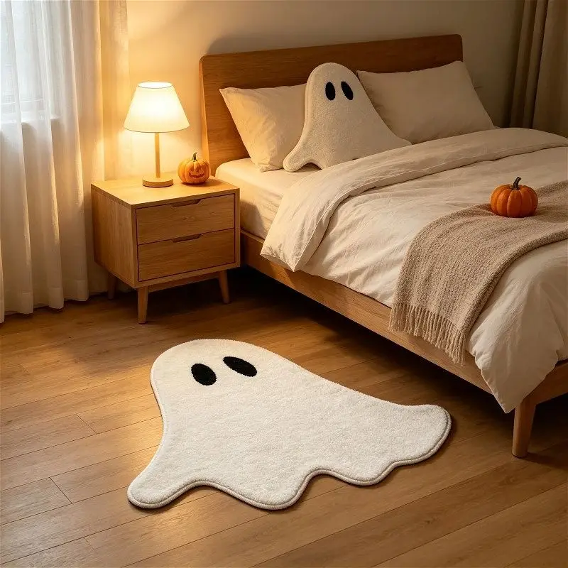 VIKAMA Minimalist Ghost Shaped Floor Mat Halloween Cute Ghost Element Soft Non‑Slip Rug For Porch Bedroom Home Decor