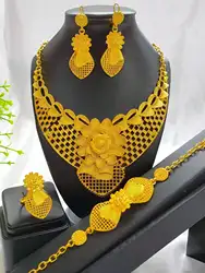 Alloy 24k Gold Plated African Necklace Bracelet Earrings Ring Dubai Indian Bridal Women's Jewelry Set