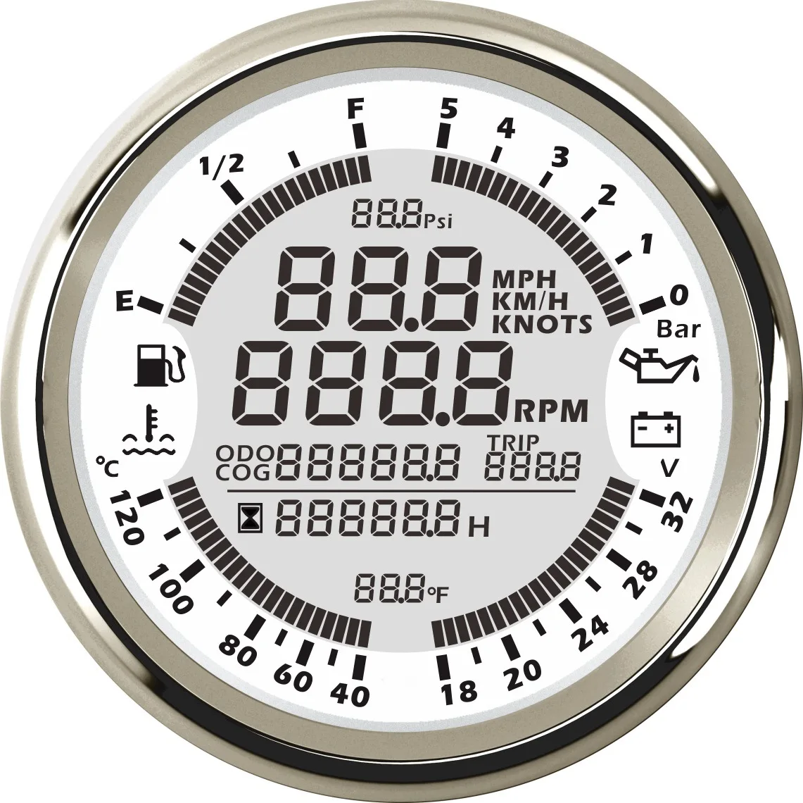 85mm Universal Oil Level, Water Temperature, Voltage, Oil Pressure, Rotational Speed, Hour Meter, GPS Speed, Mileage,