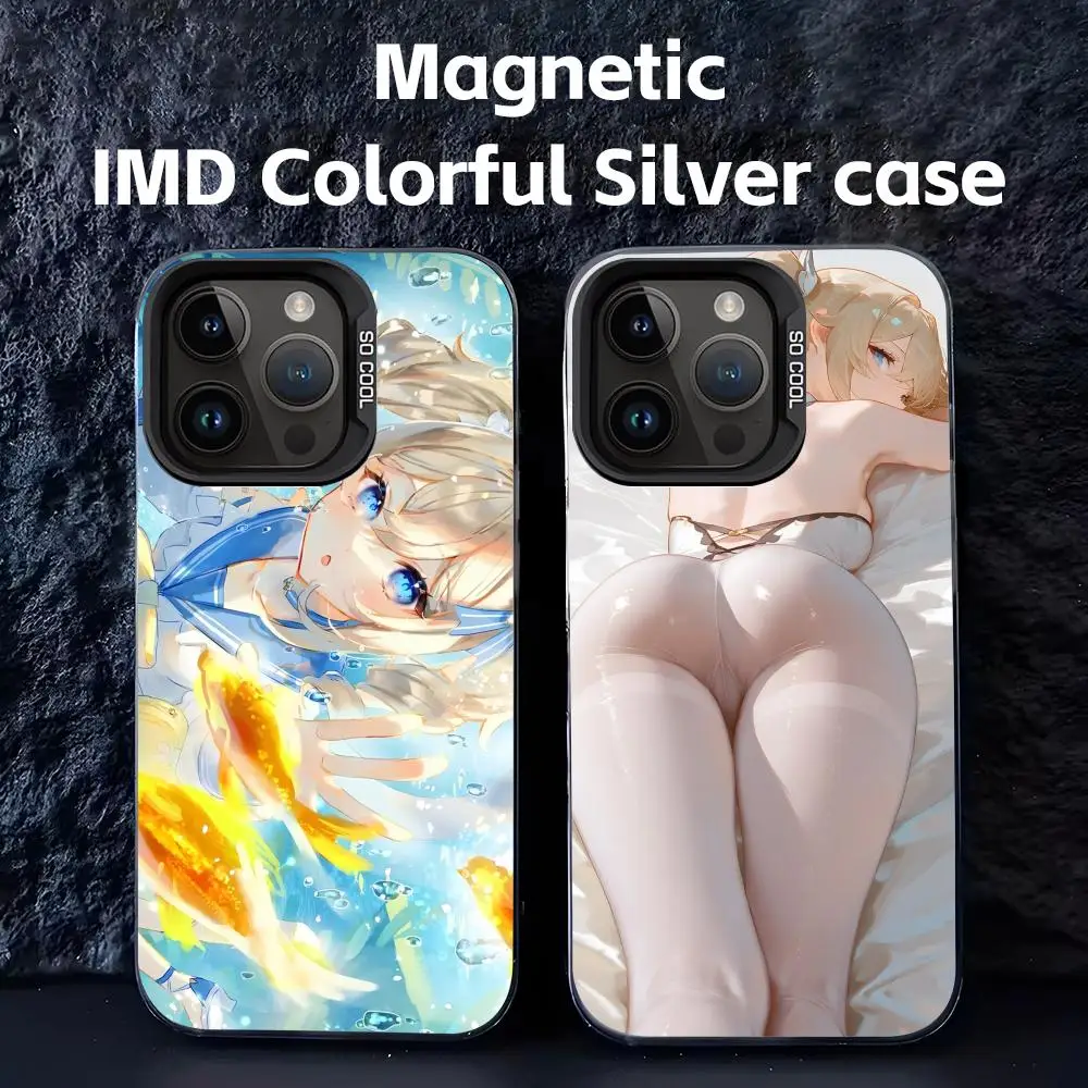 جينشين إمباكت باربرا جراب هاتف أسود مغناطيسي IMD ملون فضي مناسب لهاتف آيفون 17 16 15 14 13 12 11Pro Max