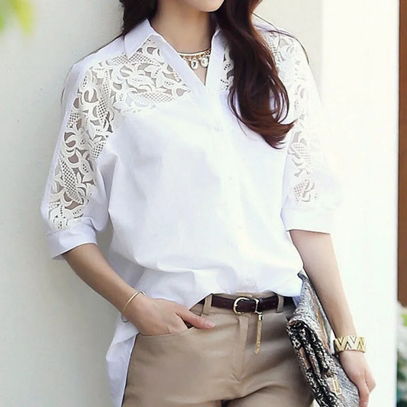 Casual Commute Female Solid Color Hollow Out Lace Shirt Fashion Summer Women\'s Clothing All-match Spliced Half Sleeve Blouse