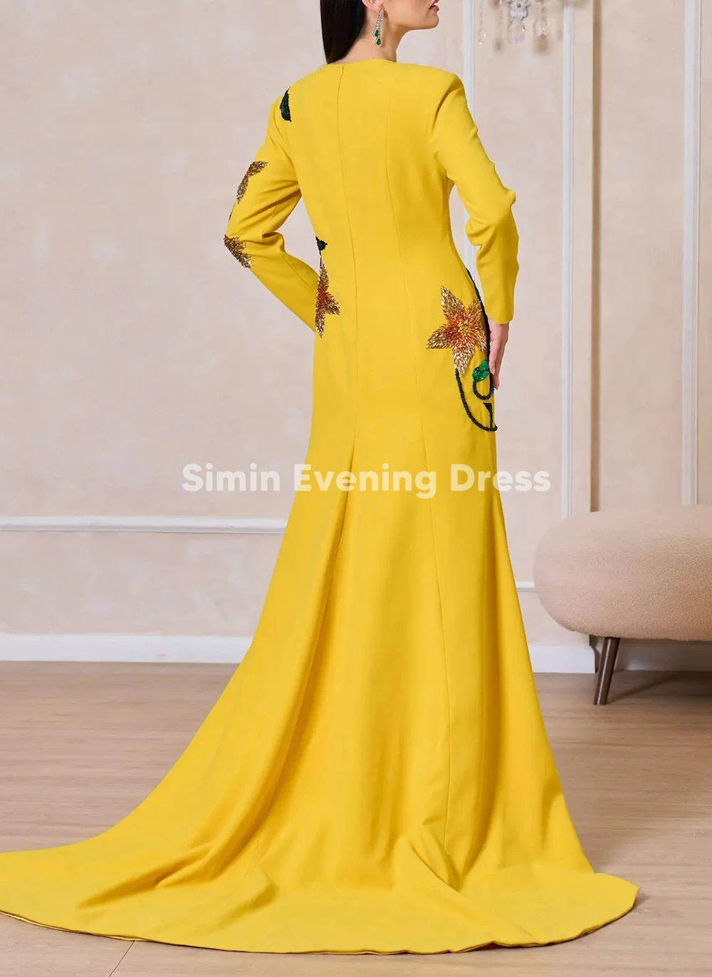 Simin – robe de soirée de forme sirène, drapée, col rond, perles, manches longues, longueur au sol, robes formelles élégantes, personnalisées, 2025