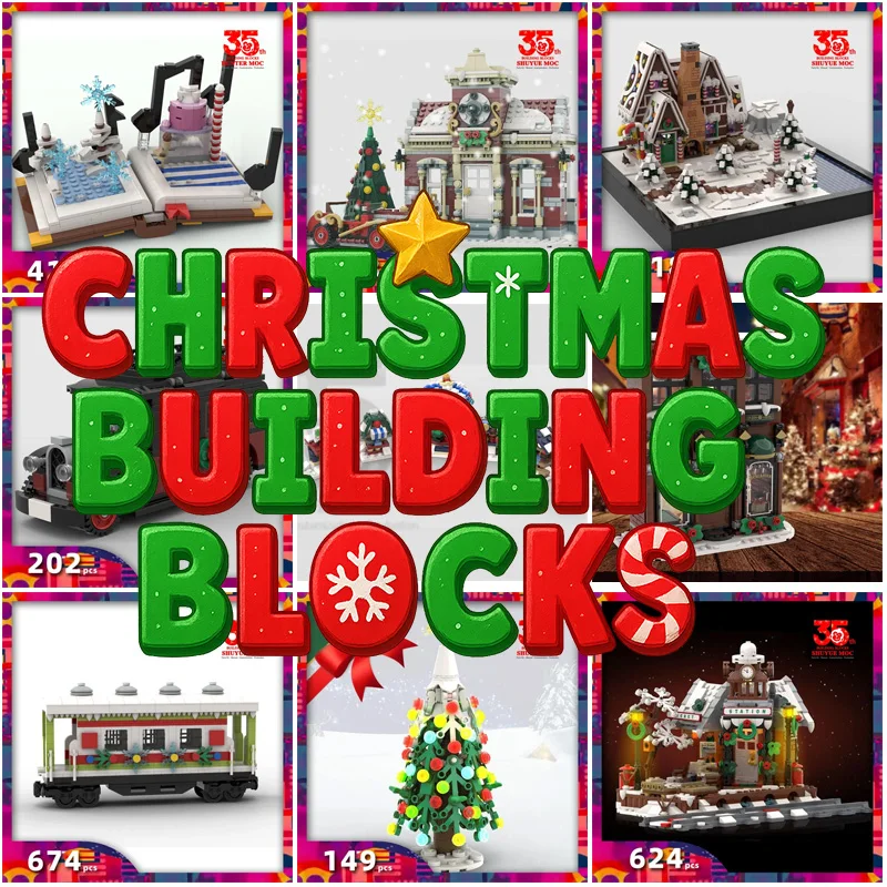 Christmas Building Blocks Bundle - Vacation House, Holiday Train, Post Office & More in Christmas Village Sets