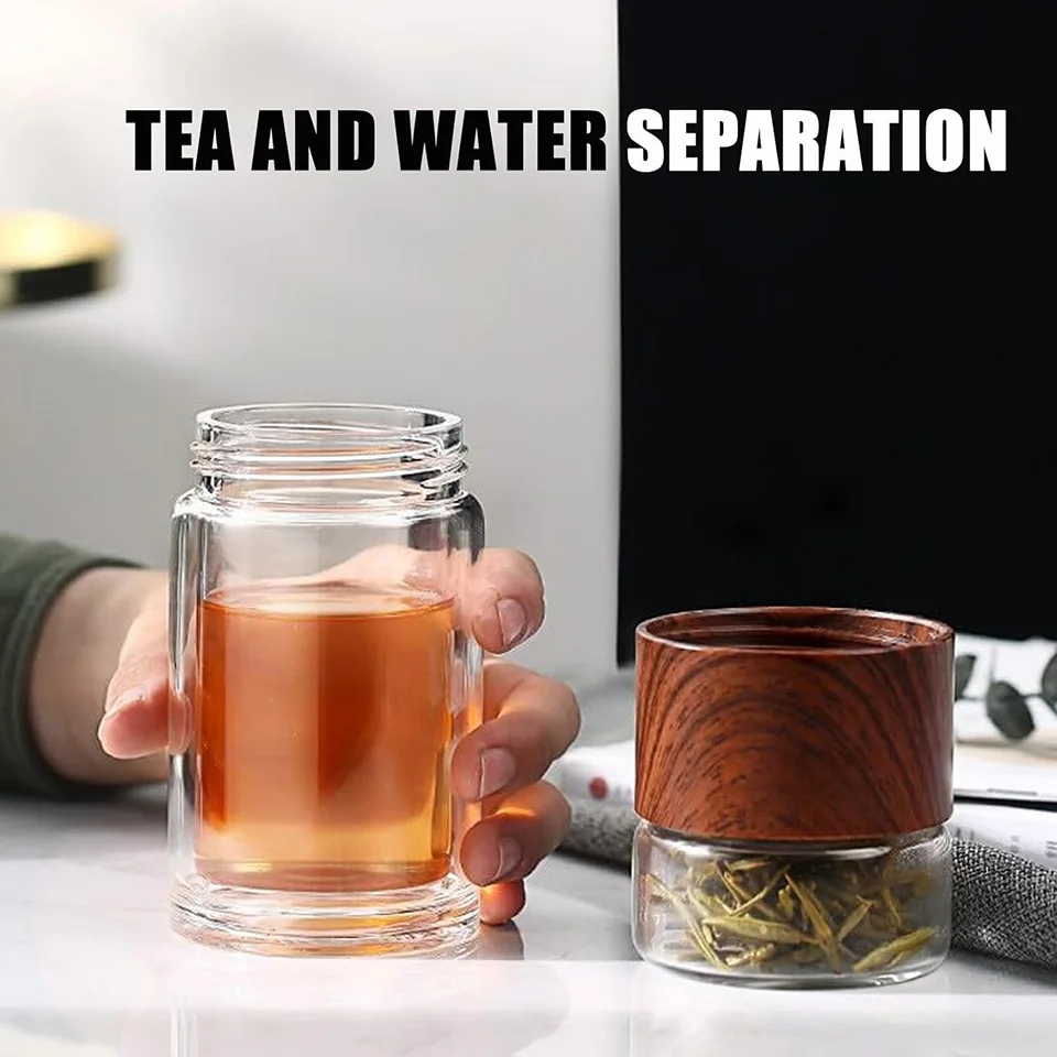 YOMEEI 240ML Tea Water Bottle Travel Drinkware Portable Double Wall Glass Tea Infuser Tumbler Stainless Steel Tea Filters