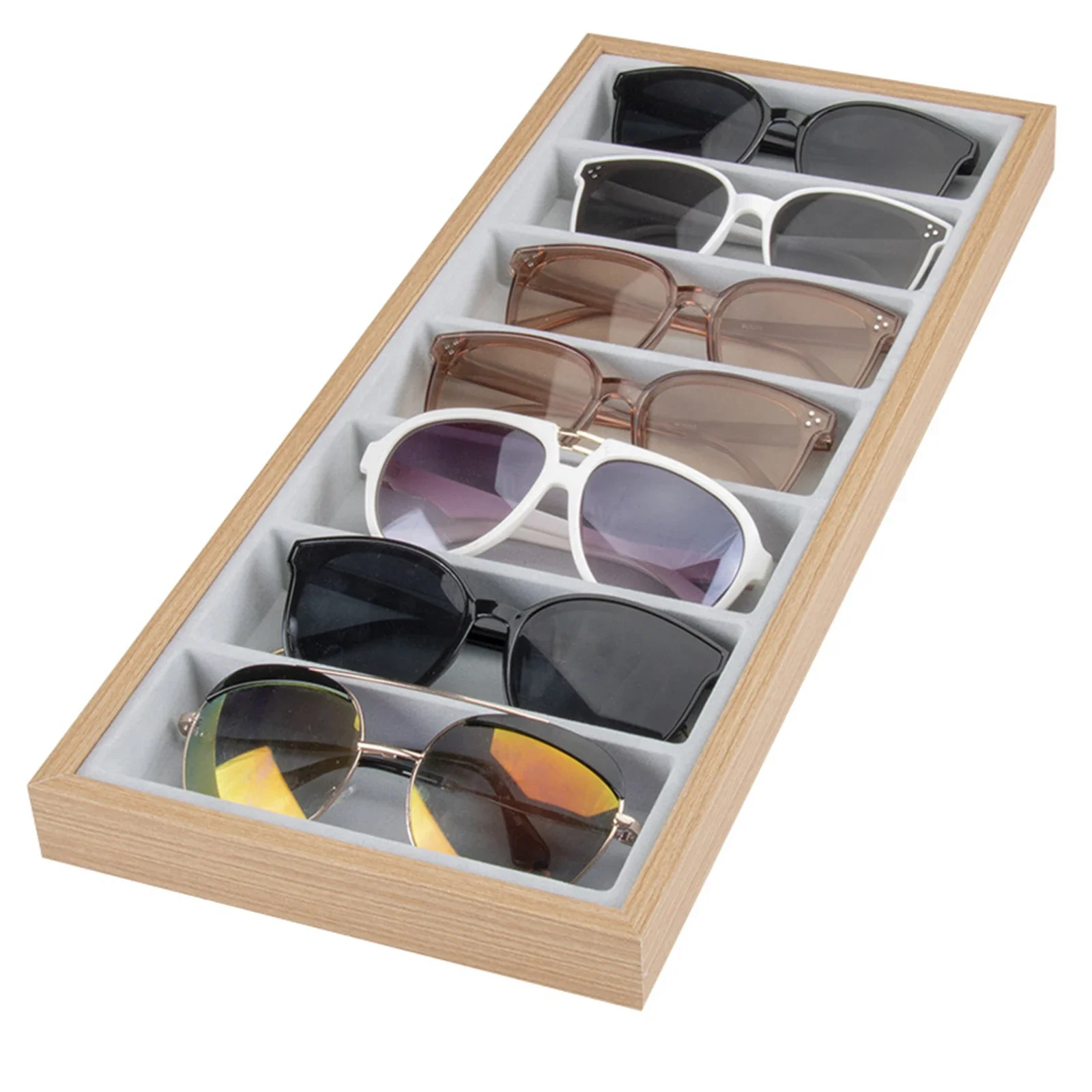 Wooden 7 Grid Glasses Display Tray Sunglasses Counter Display Tray Eyeglasses Storag Rack Jewelry Organizer Storage Case