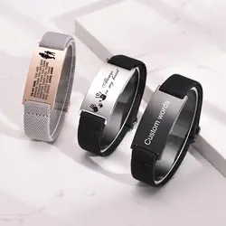 Personalized Elastic Fabric Nylon Bracelets for Men Women,Carving Name Sentence Friend Stainless Steel Wristband,Jewelry Gifts