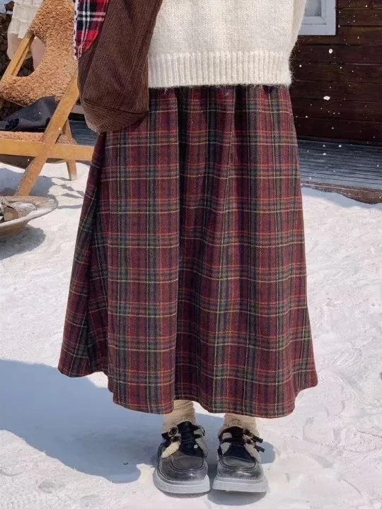 

Authentic Retro Red Plaid Skirt Cisas New Year High Waist Slim A-Line Skirt Warm Cotton Ci Commute Women's Skirt