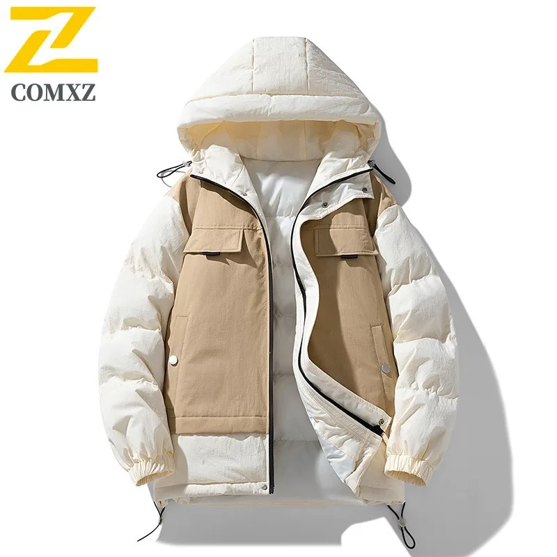 

COMXZ 2025 Men Women Couple Hooded Fake Two Piece Winter Trench Coat Padded Jacket Youth Waterproof Warm Casual Puffer Coat