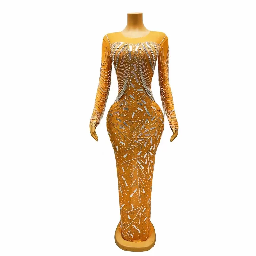 

Платье женское оранжевое с зеркальным рисунком, вечернее Сетчатое платье для празднования дня рождения, для представлений, танцев, фотосессии