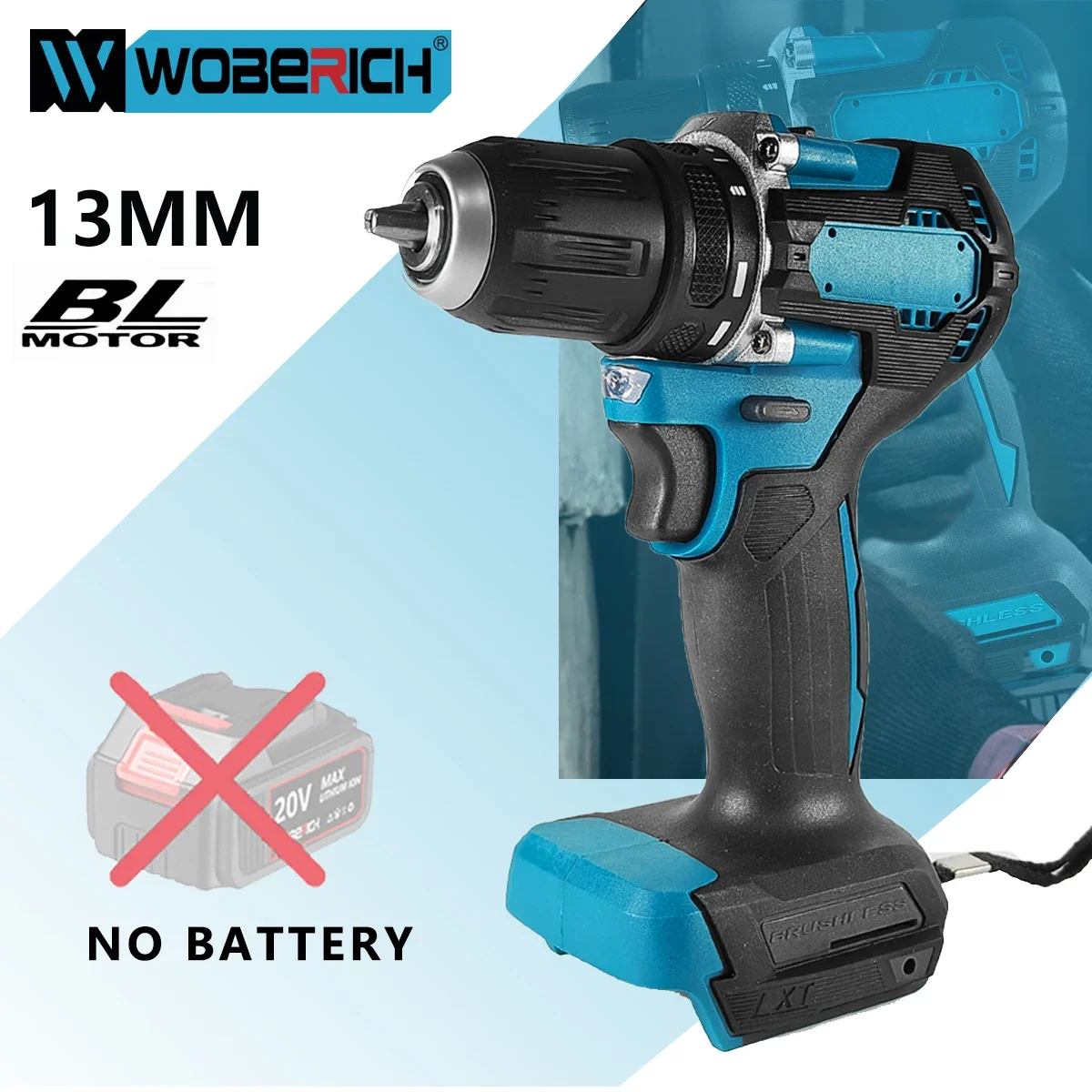 

WOBERICH 13mm Chuck Brushless Electric Hammer Impact Drill Cordless Rechargeable Power Tools For Makita 18V Battery